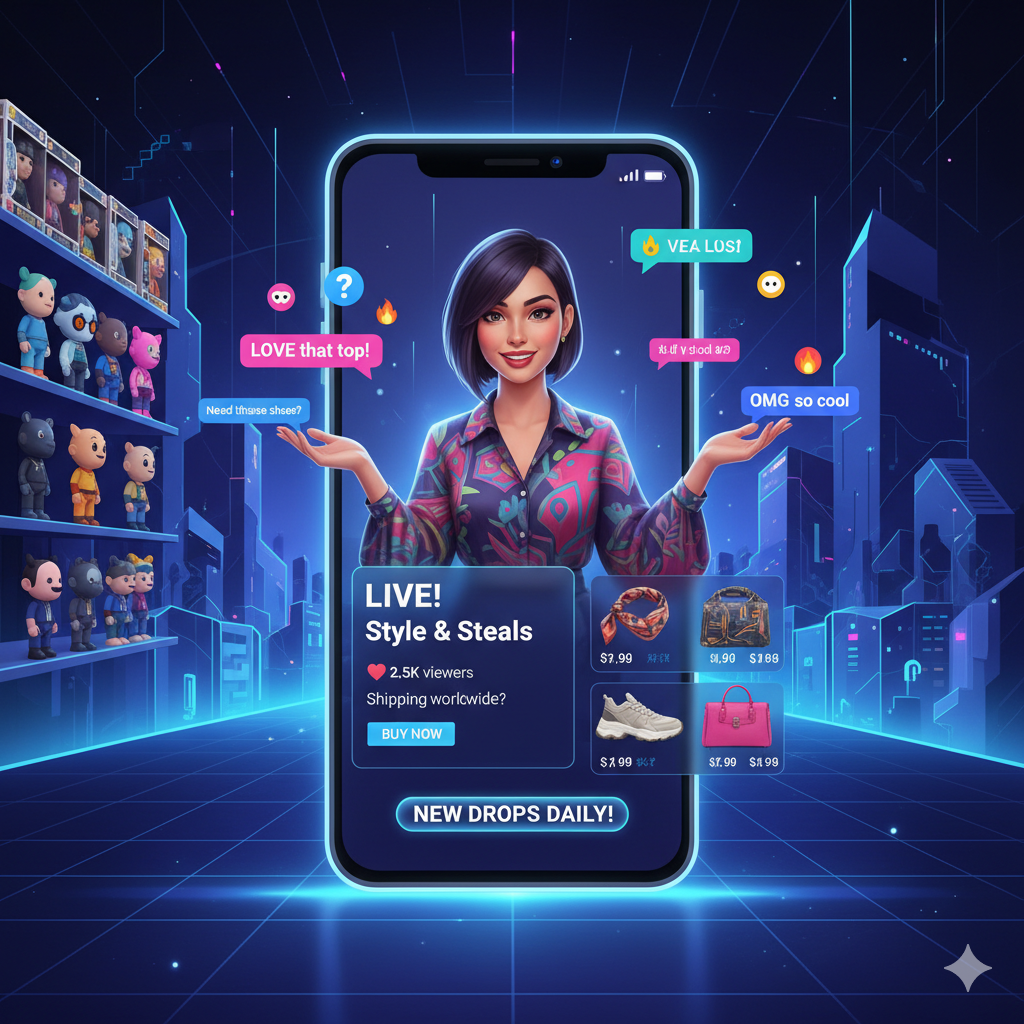 “Seller hosting a live commerce stream on smartphone, showcasing fashion and collectibles while interacting with buyers through chat in real time.”